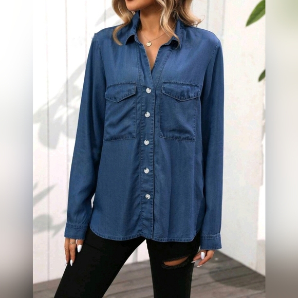 New Classic Dark Chambray Denim Button Down Shirt Top Dark Wash Blue Jean - Picture 5 of 7